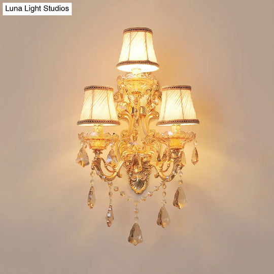 Modern Crystal Candelabra Wall Mount Light With 3 Gold Lights - Living Room Sconce