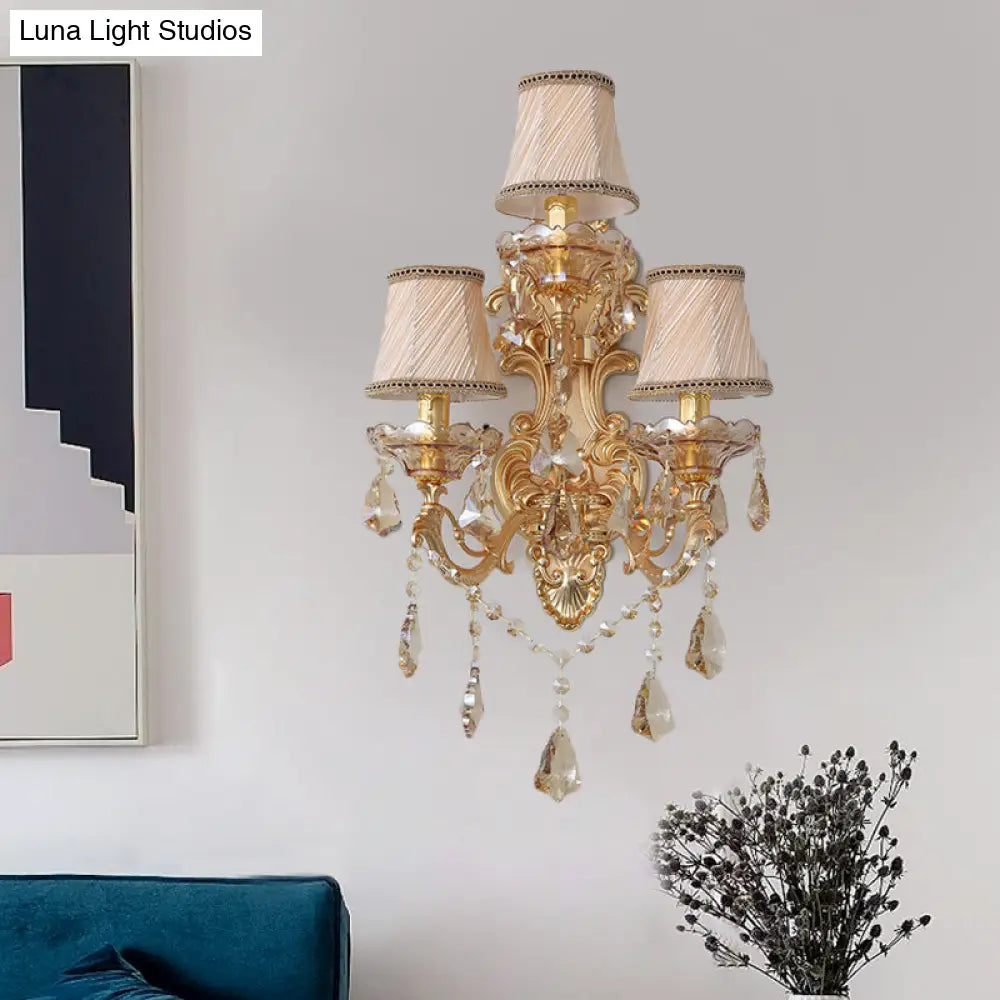 Modern Crystal Candelabra Wall Mount Light With 3 Gold Lights - Living Room Sconce