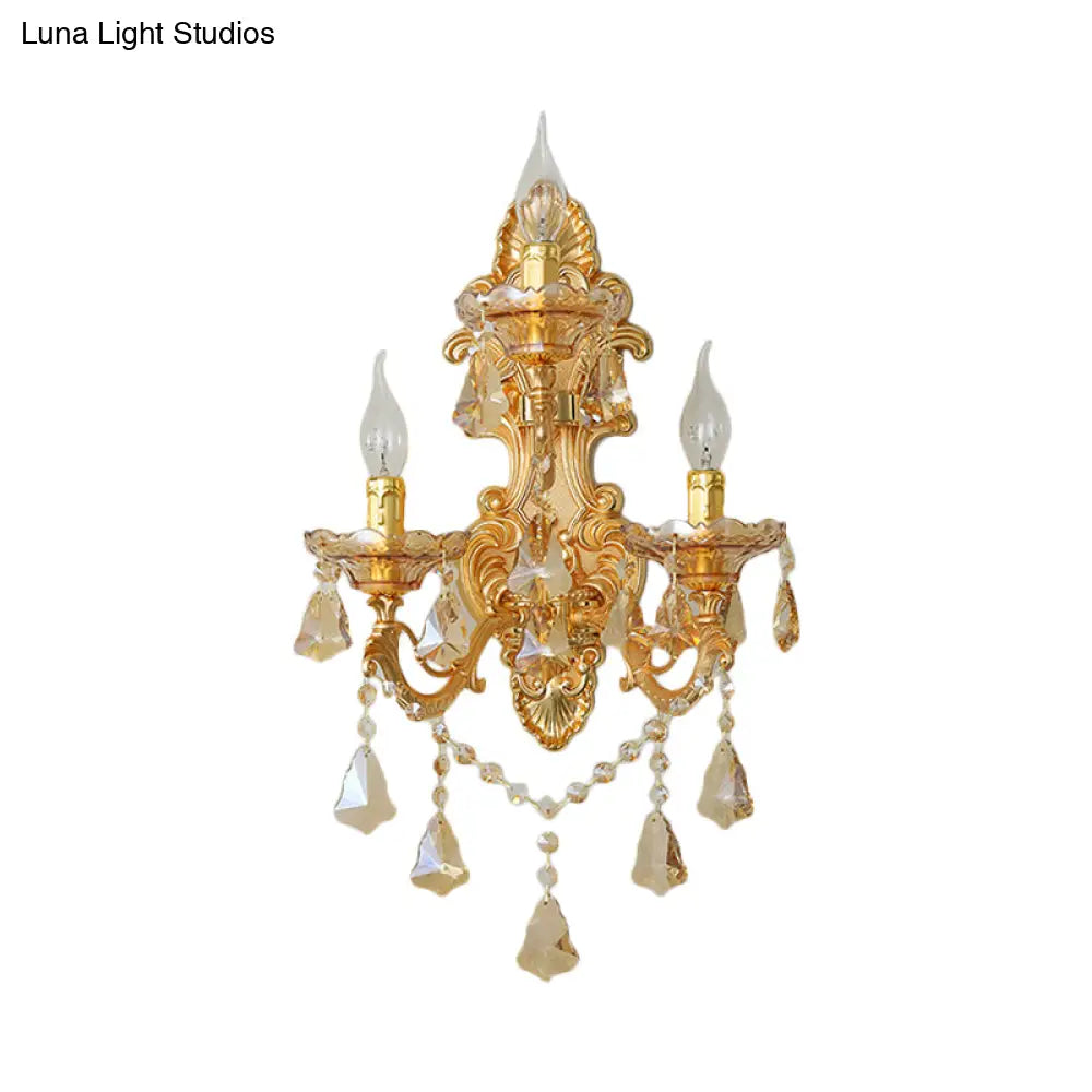 Modern Crystal Candelabra Wall Mount Light With 3 Gold Lights - Living Room Sconce