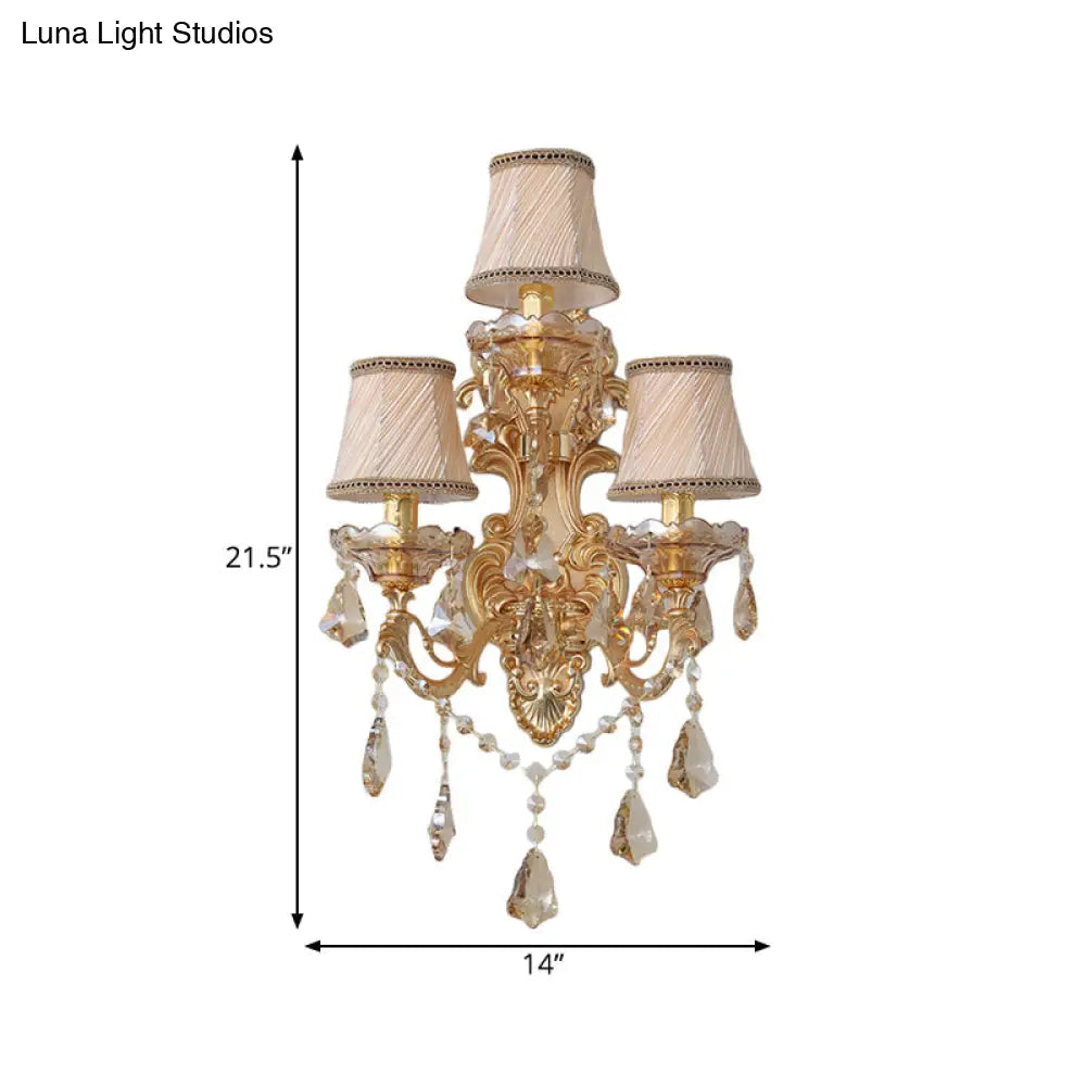 Modern Crystal Candelabra Wall Mount Light With 3 Gold Lights - Living Room Sconce