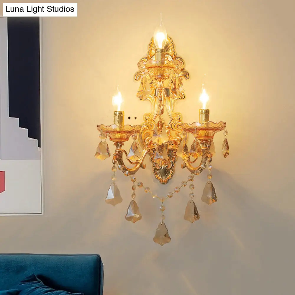 Modern Crystal Candelabra Wall Mount Light With 3 Gold Lights - Living Room Sconce