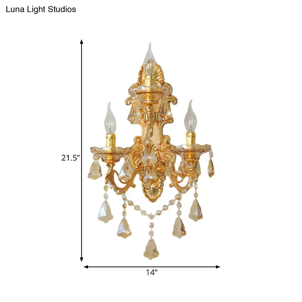 Modern Crystal Candelabra Wall Mount Light With 3 Gold Lights - Living Room Sconce