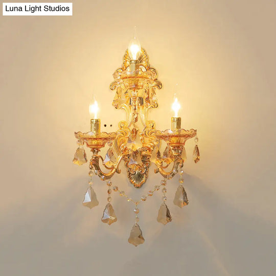 Modern Crystal Candelabra Wall Mount Light With 3 Gold Lights - Living Room Sconce