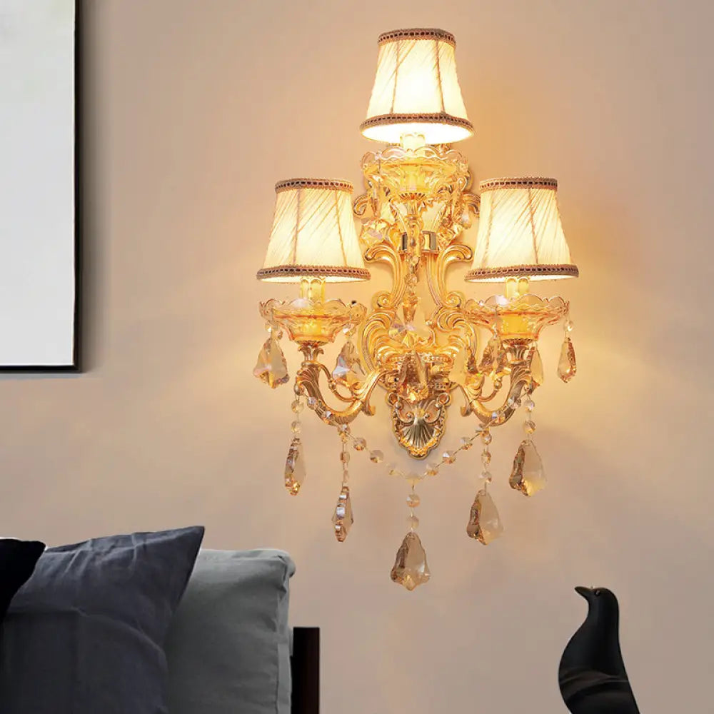 Modern Crystal Candelabra Wall Mount Light With 3 Gold Lights - Living Room Sconce / With Shade