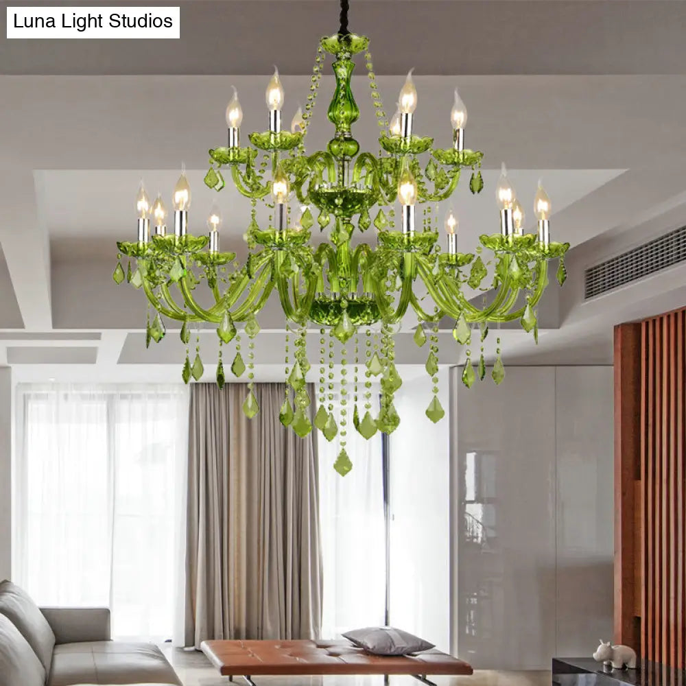 Modern Crystal Candle Chandelier - Green Pendant Lighting For Bedroom (6/18 Lights) 23’’/37.5’’ W