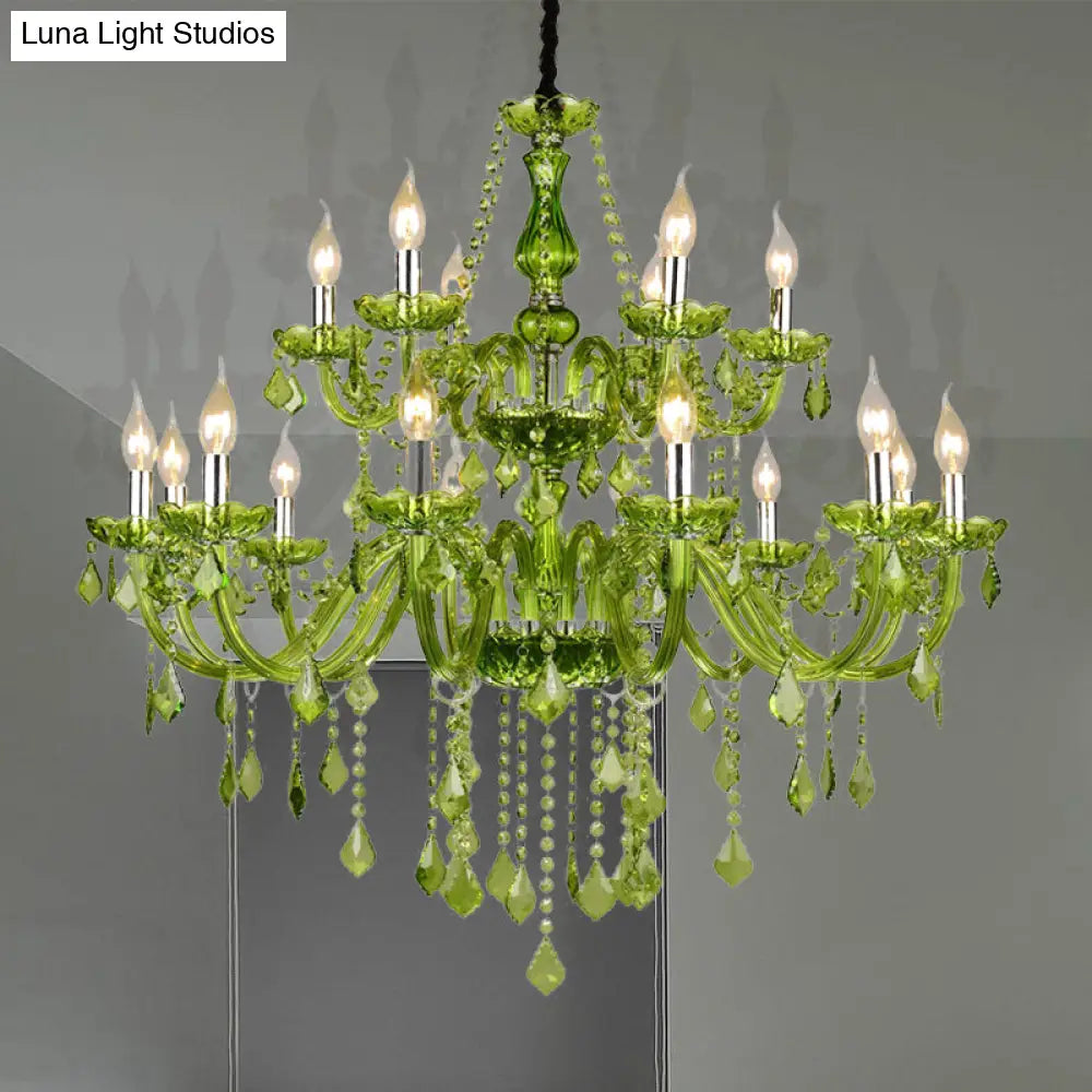 Modern Crystal Candle Chandelier - Green Pendant Lighting For Bedroom (6/18 Lights) 23’’/37.5’’ W