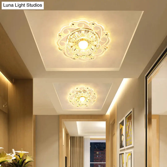 Modern Crystal Ceiling Lamp: Elegant Floral Swirls Design Clear Flush Mount Light For Entryway