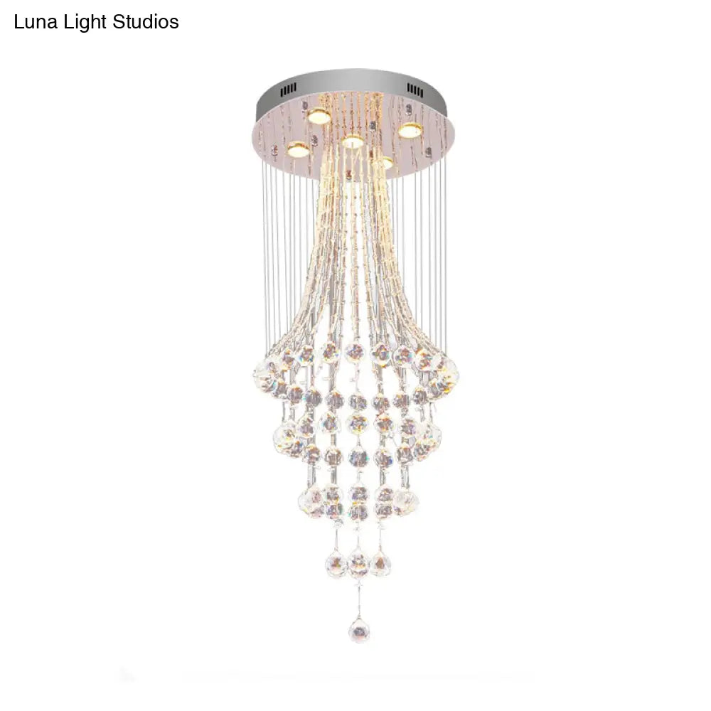 Modern Crystal Ceiling Lamp: Flared Drape 5 - Head Flush Mount Fixture In Chrome - Stylish Dining