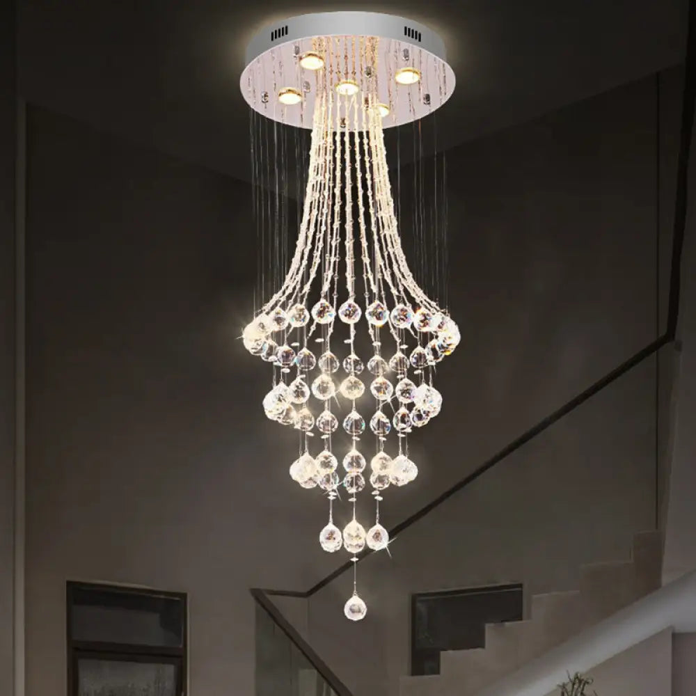 Modern Crystal Ceiling Lamp: Flared Drape 5 - Head Flush Mount Fixture In Chrome - Stylish Dining