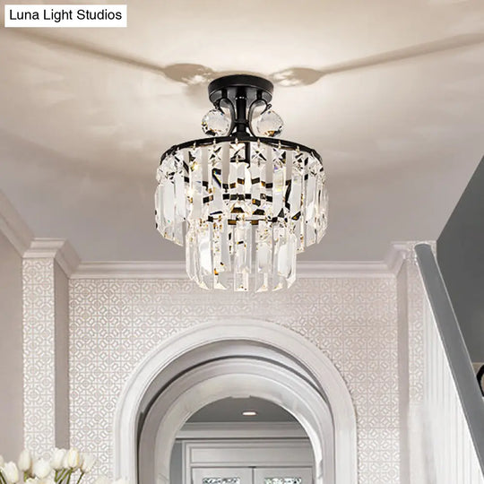 Modern Crystal Ceiling Lamp With 1-Light Semi Mount And Round 2-Tier Shade For Hallway Black