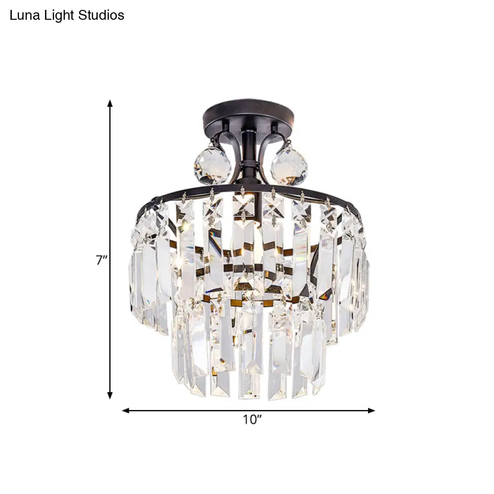 Modern Crystal Ceiling Lamp With 1-Light Semi Mount And Round 2-Tier Shade For Hallway