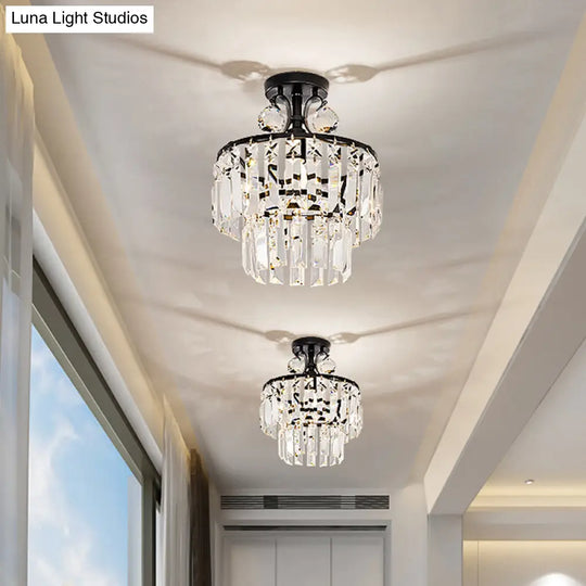 Modern Crystal Ceiling Lamp With 1-Light Semi Mount And Round 2-Tier Shade For Hallway