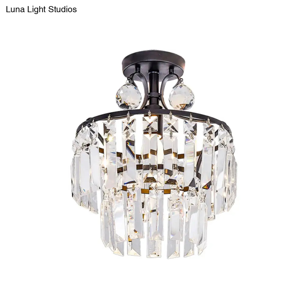 Modern Crystal Ceiling Lamp With 1-Light Semi Mount And Round 2-Tier Shade For Hallway