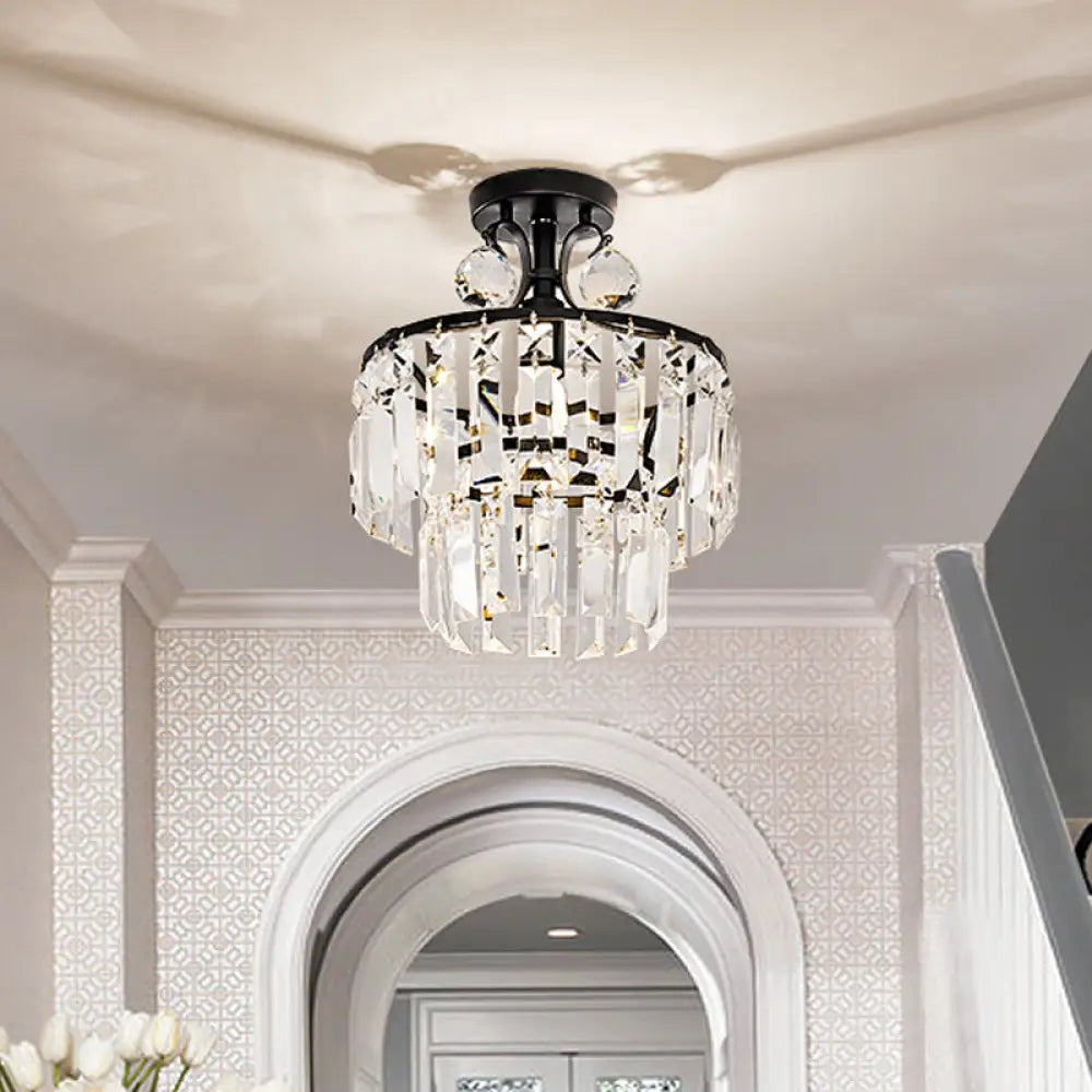 Modern Crystal Ceiling Lamp With 1-Light Semi Mount And Round 2-Tier Shade For Hallway Black