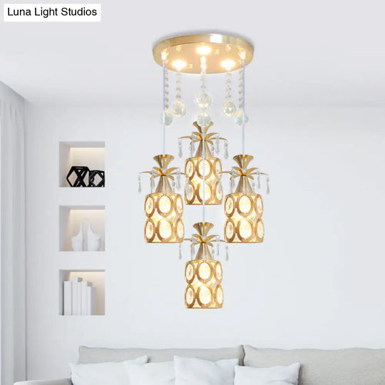 Modern Crystal Ceiling Lamp With 4 Lights & Gold Cylinder Pendant