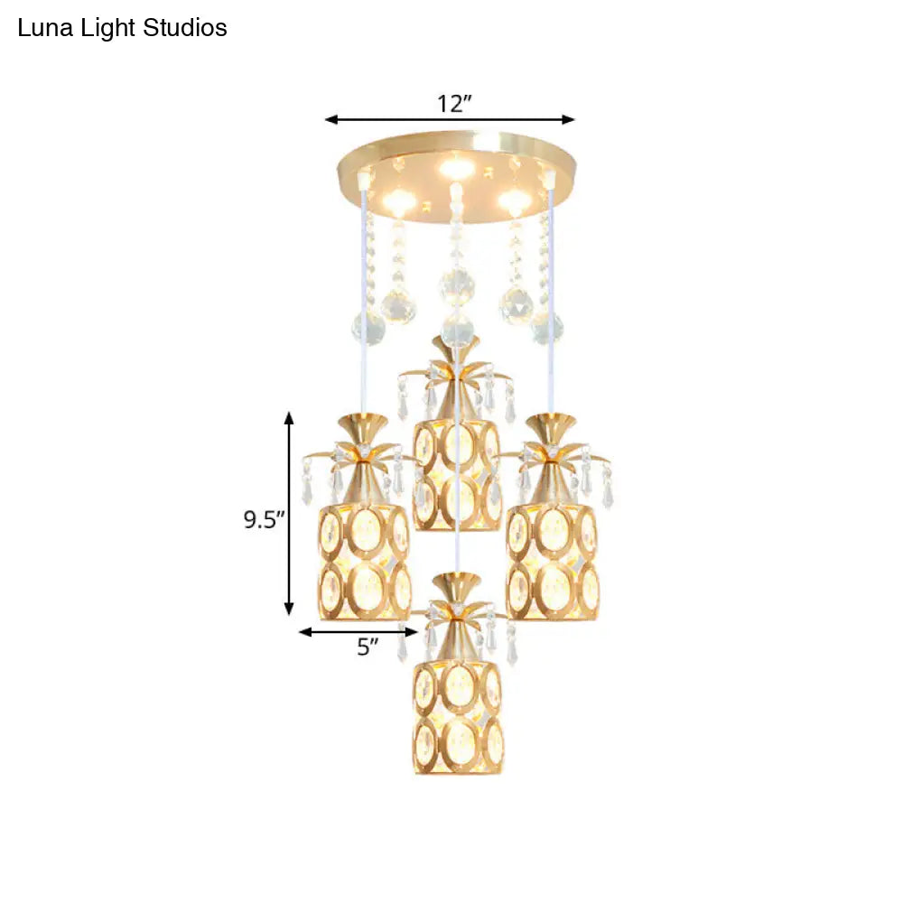 Modern Crystal Ceiling Lamp With 4 Lights & Gold Cylinder Pendant