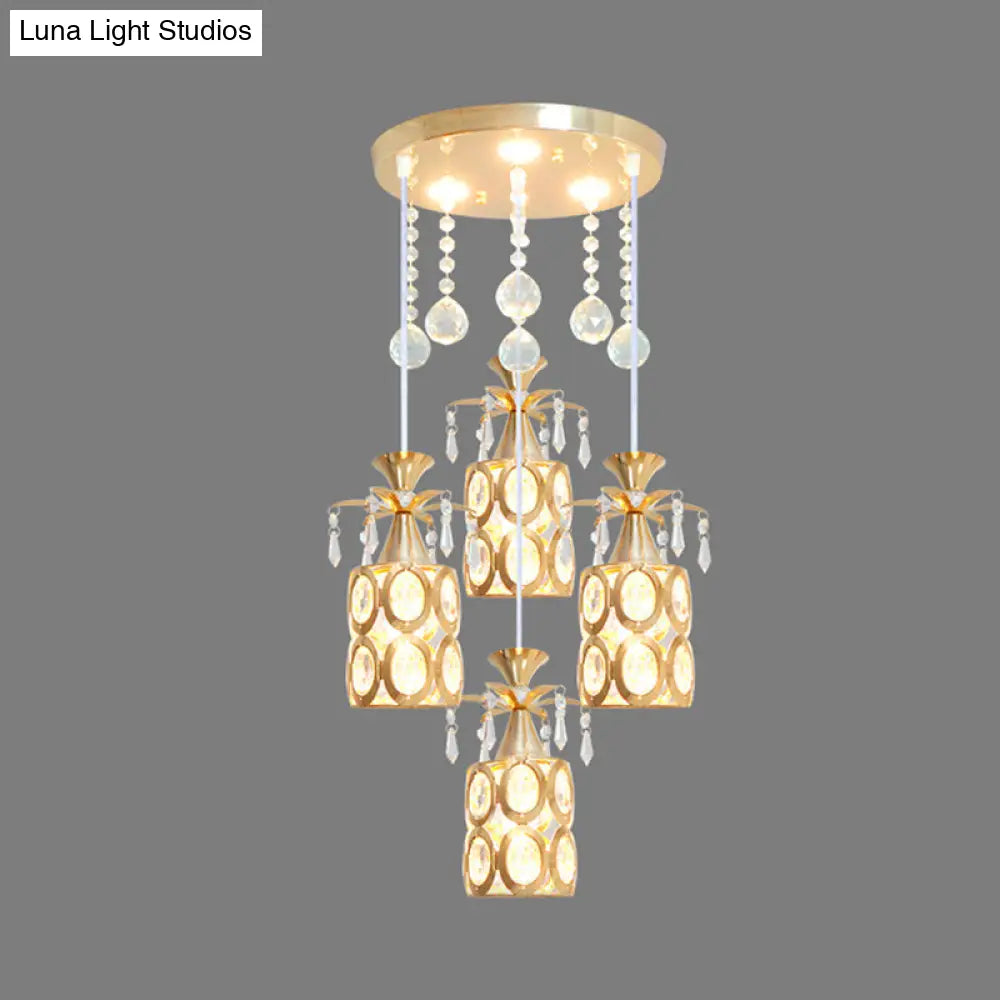 Modern Crystal Ceiling Lamp With 4 Lights & Gold Cylinder Pendant