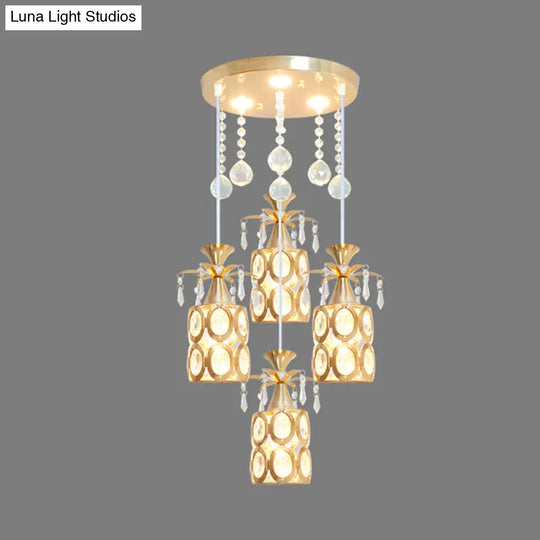 Modern Crystal Ceiling Lamp With 4 Lights & Gold Cylinder Pendant