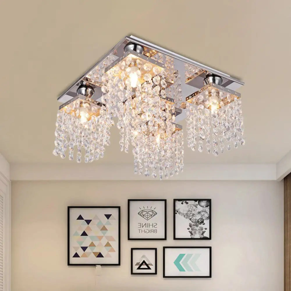 Modern Crystal Chain Ceiling Mount Light Fixture - 4 - Light Flush For Living Room Clear