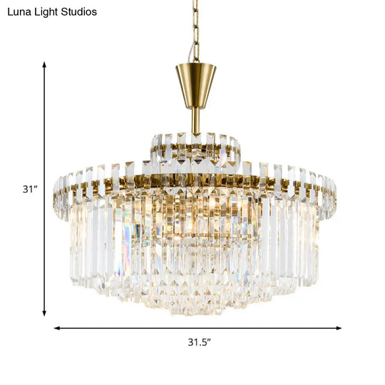 Modern Crystal Drum Ceiling Light: 9-Light Brass Chandelier 25.5/31.5 Wide