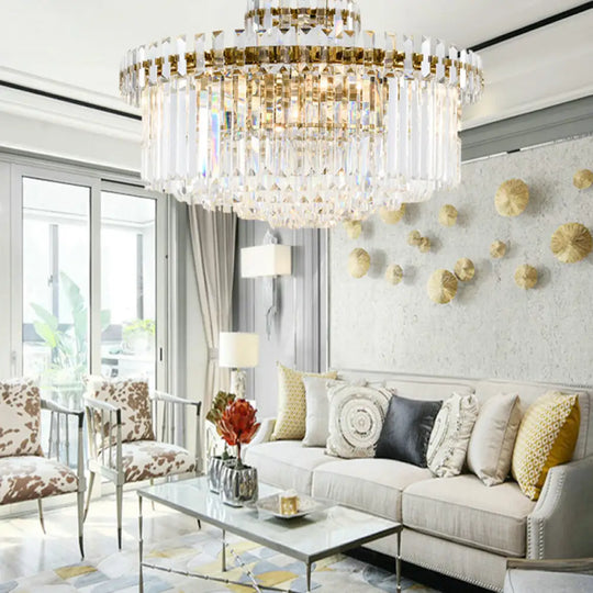 Modern Crystal Chandelier Drum Ceiling Light Fixture 9 Lights 25.5’/31.5’ Wide Brass Finish / 25.5’