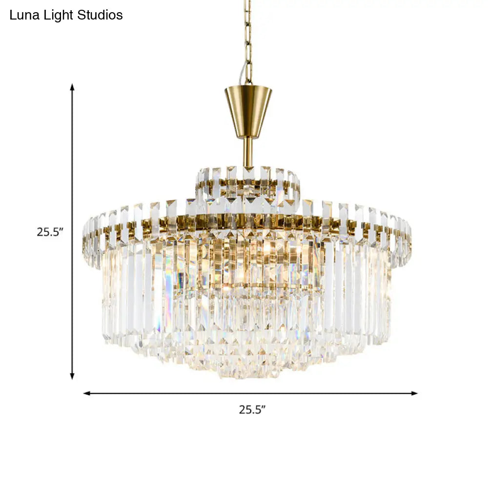 Modern Crystal Drum Ceiling Light: 9-Light Brass Chandelier 25.5/31.5 Wide