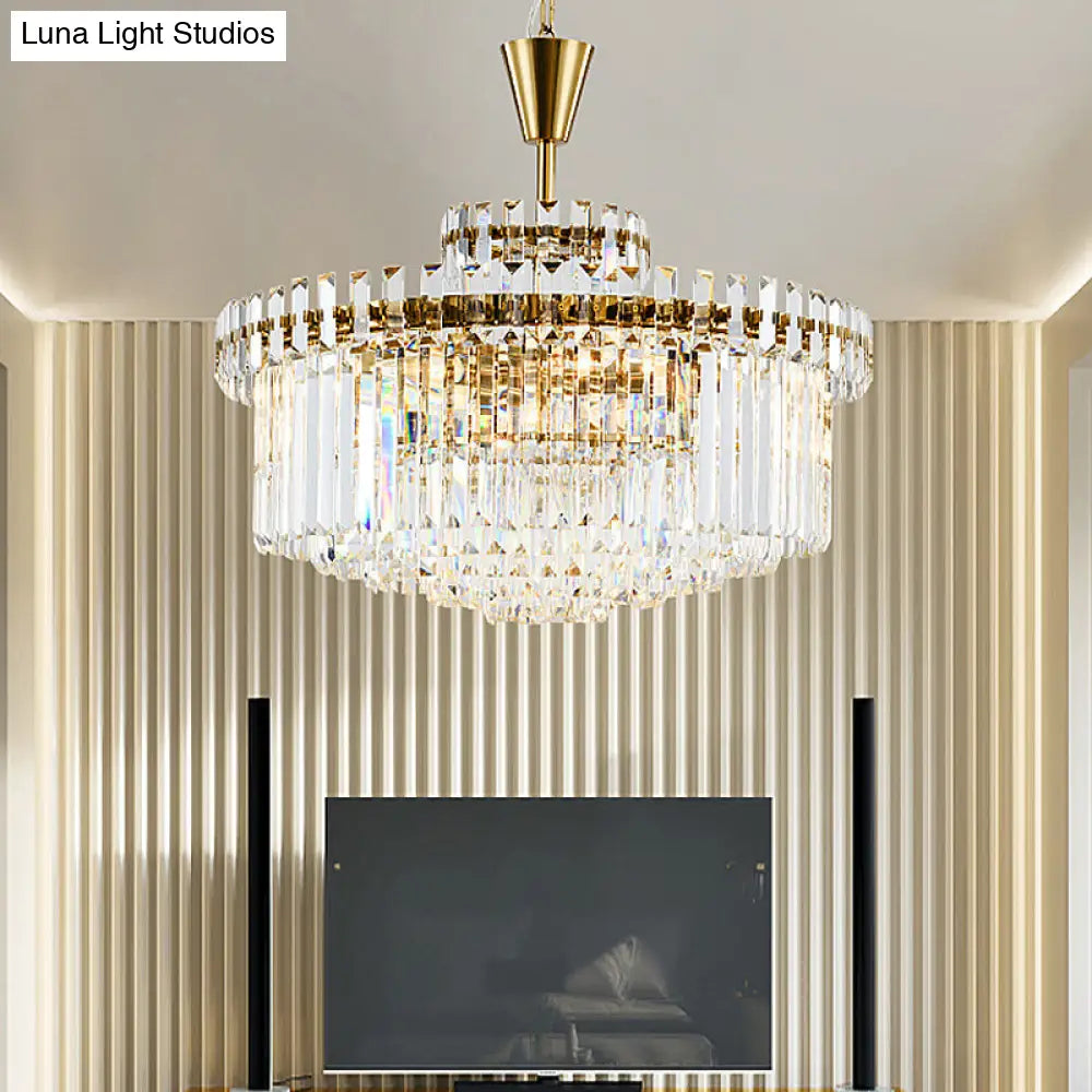 Modern Crystal Drum Ceiling Light: 9-Light Brass Chandelier 25.5/31.5 Wide