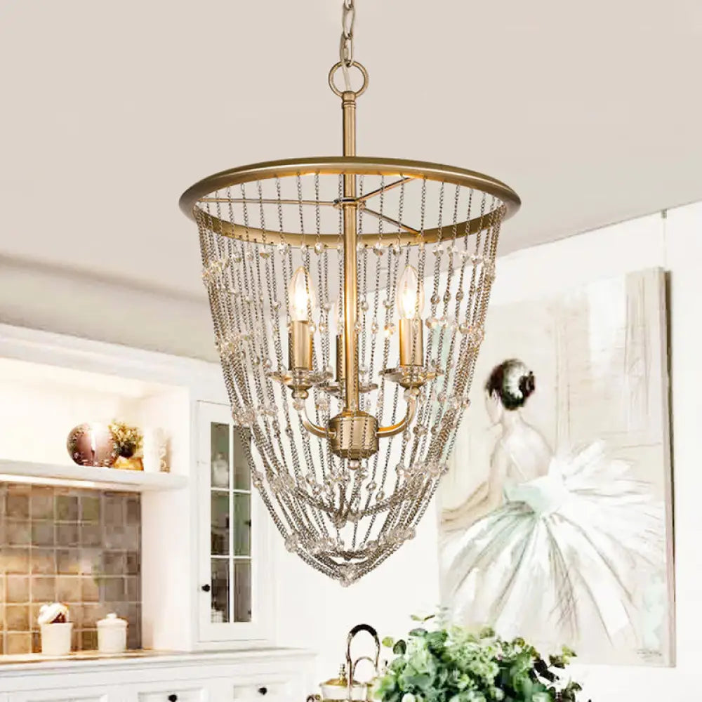 Modern Crystal Chandelier Lamp With 3 Gold Heads And Draped Chain Suspension