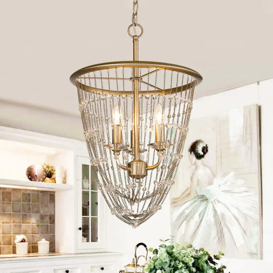 Modern Crystal Chandelier Lamp With 3 Gold Heads And Draped Chain Suspension