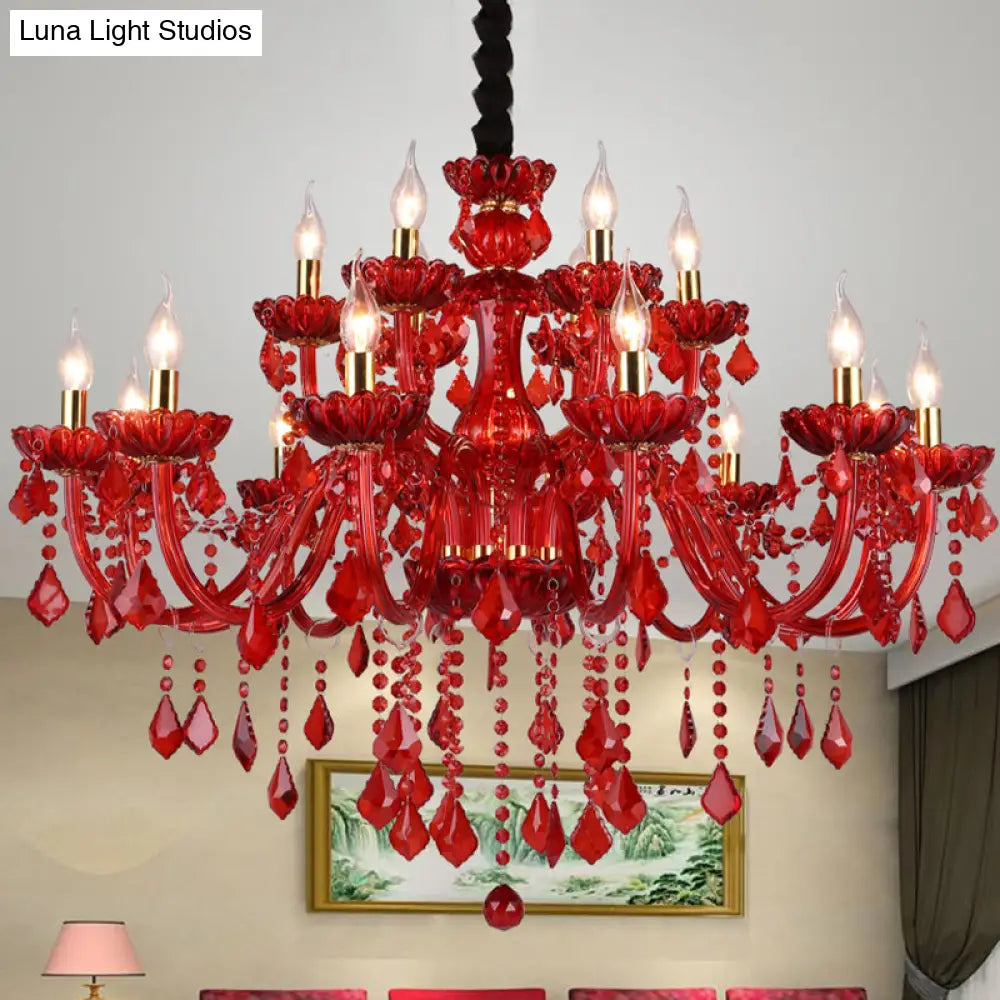 Modern Crystal Chandelier Pendant Light With Red Shade - 6/18 Lights 23.5/37.5 Wide