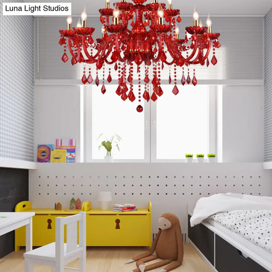 Modern Crystal Chandelier Pendant Light With Red Shade - 6/18 Lights 23.5/37.5 Wide