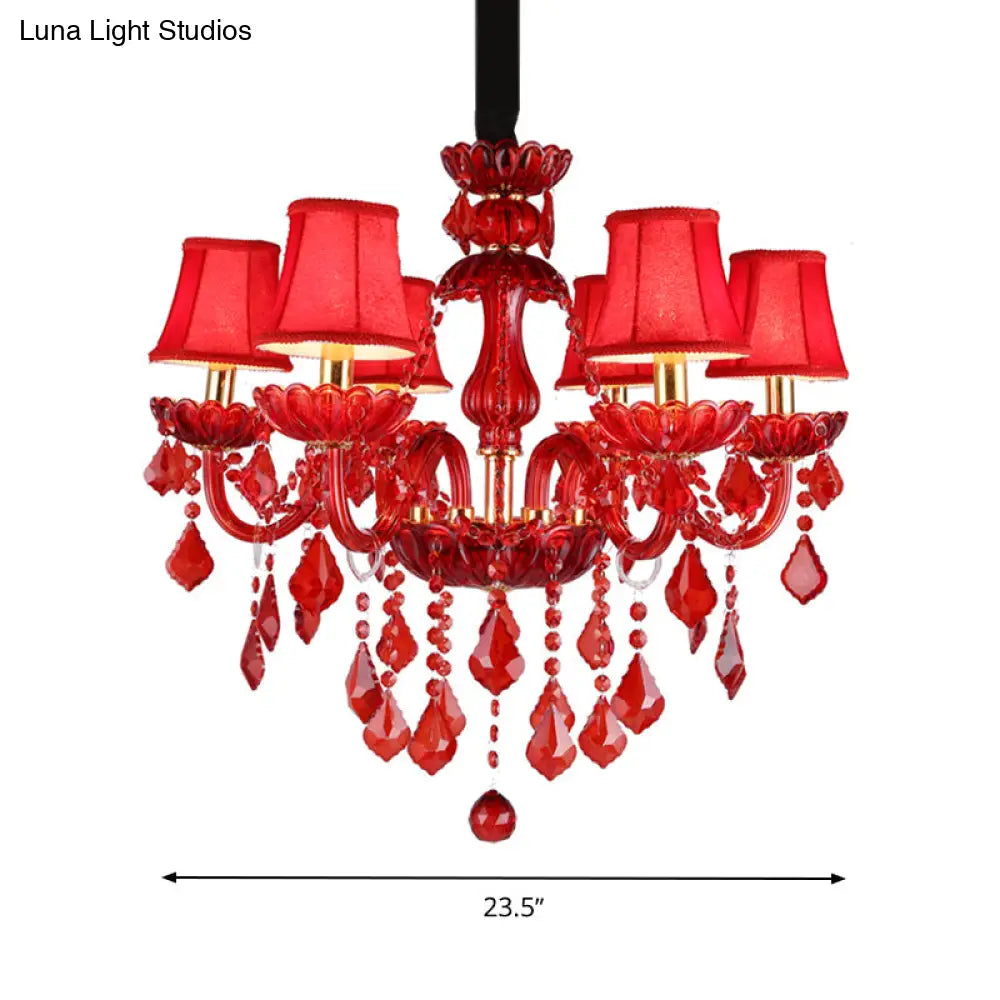 Modern Crystal Chandelier Pendant Light With Red Shade - 6/18 Lights 23.5/37.5 Wide