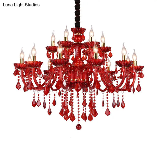 Modern Crystal Chandelier Pendant Light With Red Shade - 6/18 Lights 23.5/37.5 Wide