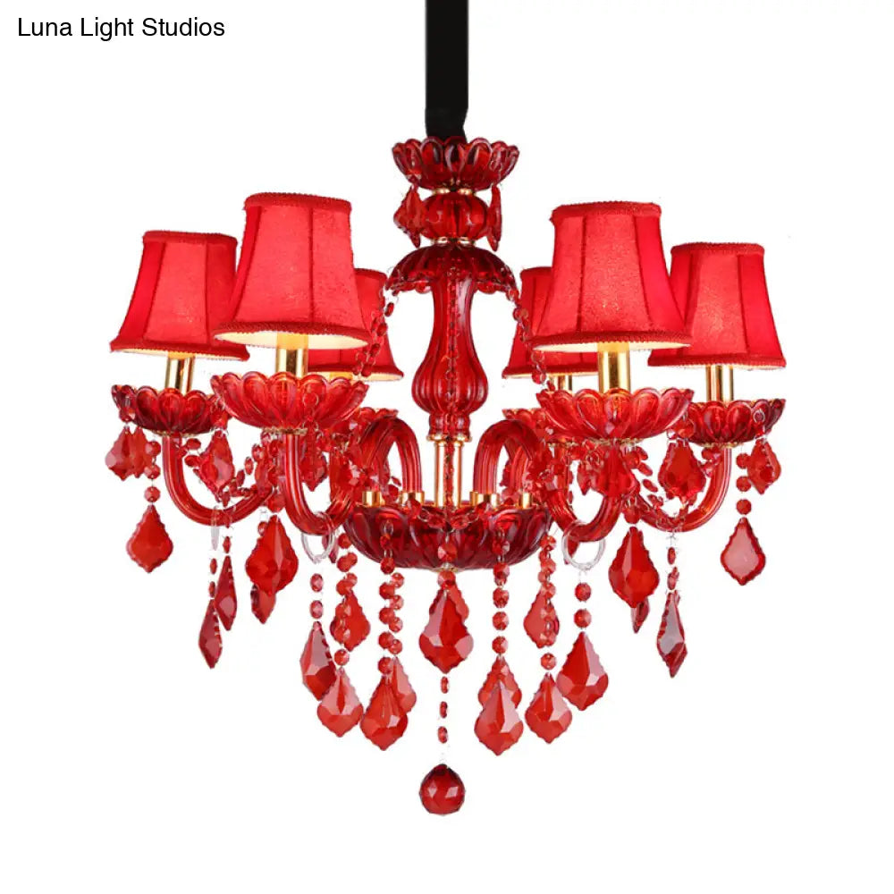 Modern Crystal Chandelier Pendant Light With Red Shade - 6/18 Lights 23.5/37.5 Wide