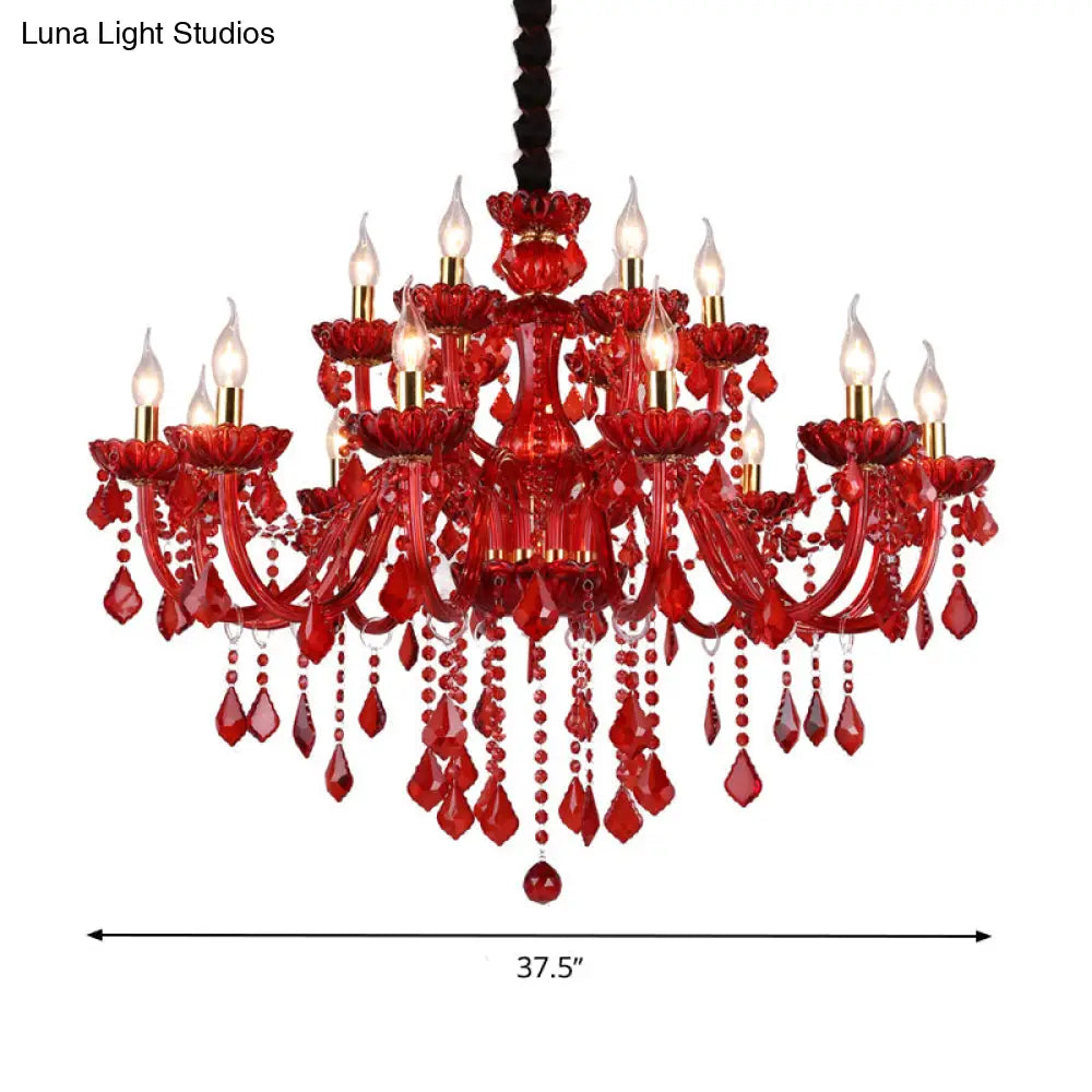 Modern Crystal Chandelier Pendant Light With Red Shade - 6/18 Lights 23.5/37.5 Wide