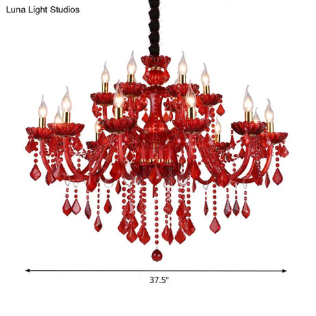 Modern Crystal Chandelier Pendant Light With Red Shade - 6/18 Lights 23.5/37.5 Wide