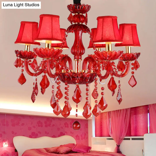 Modern Crystal Chandelier Pendant Light With Red Shade - 6/18 Lights 23.5/37.5 Wide