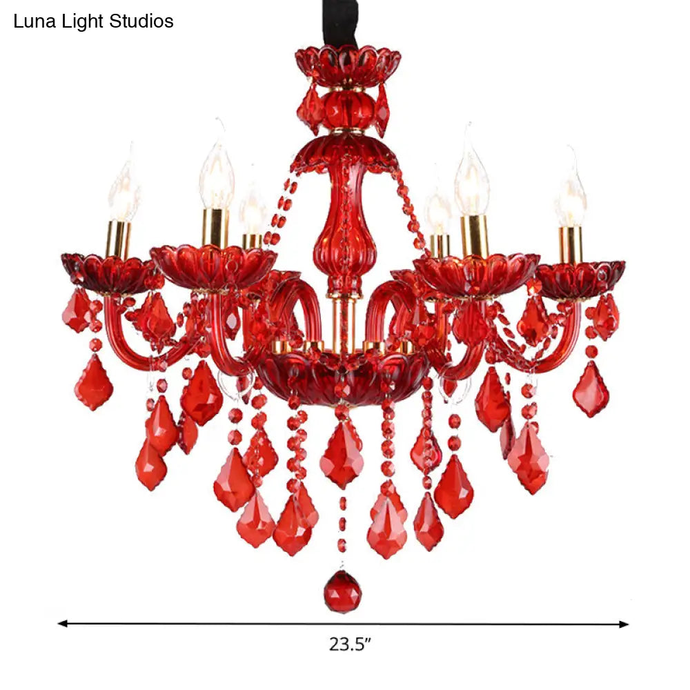 Modern Crystal Chandelier Pendant Light With Red Shade - 6/18 Lights 23.5/37.5 Wide