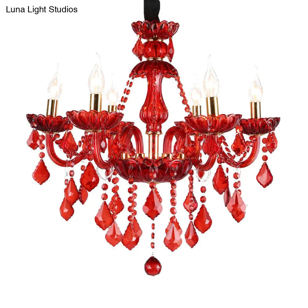 Modern Crystal Chandelier Pendant Light With Red Shade - 6/18 Lights 23.5/37.5 Wide