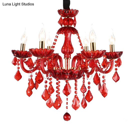 Modern Crystal Chandelier Pendant Light With Red Shade - 6/18 Lights 23.5/37.5 Wide