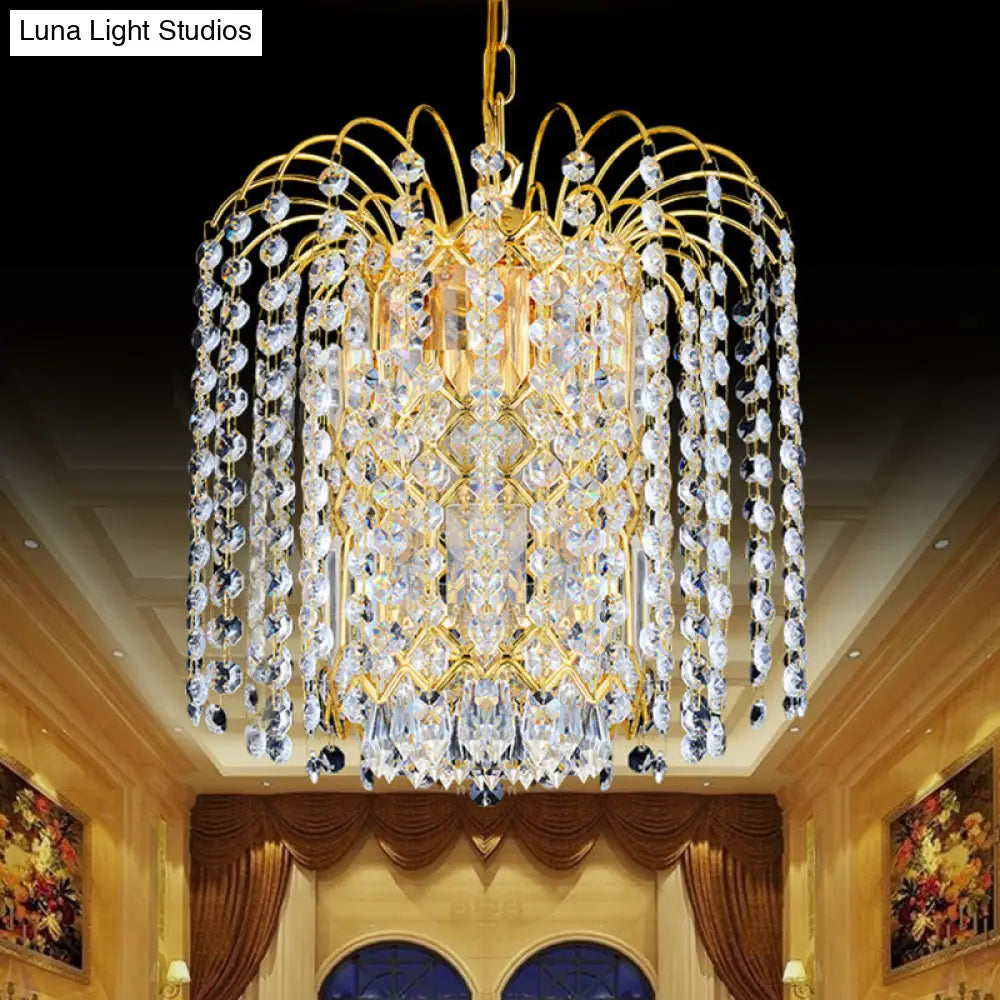 Modern Crystal Chandelier: Rain Hanging Light Fixture With 3 Lights Gold Finish - Ideal For Lobby