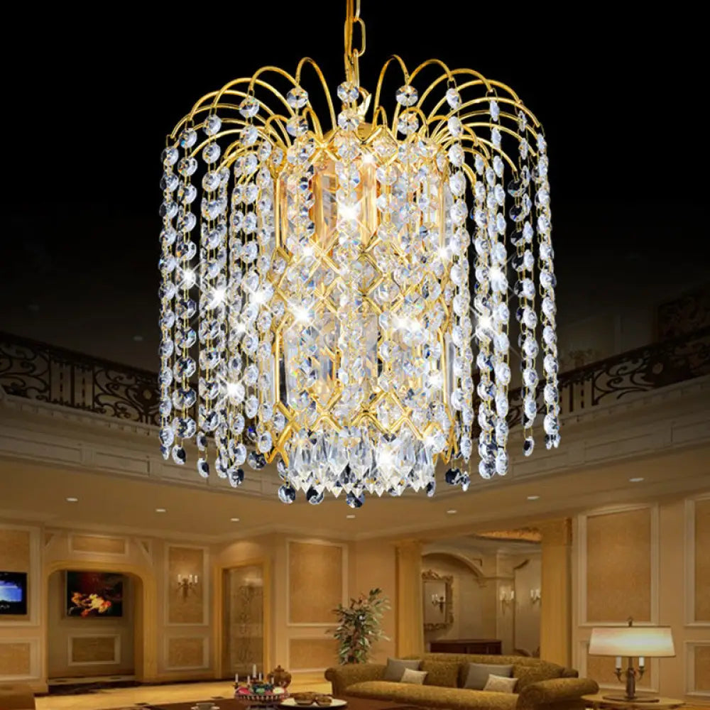 Modern Crystal Chandelier: Rain Hanging Light Fixture With 3 Lights Gold Finish - Ideal For Lobby