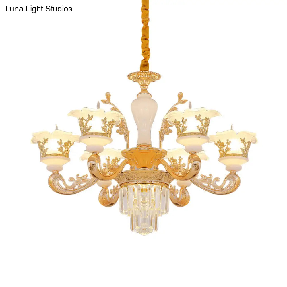 Modern Crystal Chandelier With Carved Frosted Glass Shade - 6 Bulbs Pendant In Gold For Bedroom