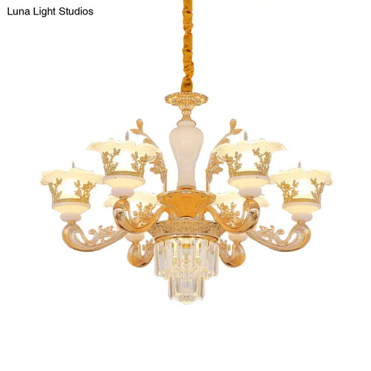 Modern Crystal Chandelier With Carved Frosted Glass Shade - 6 Bulbs Pendant In Gold For Bedroom