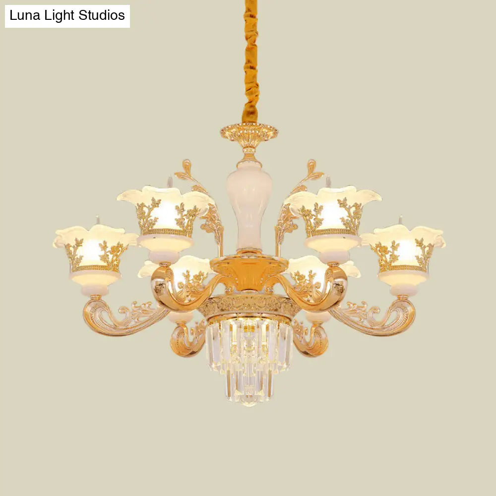 Modern Crystal Chandelier With Carved Frosted Glass Shade - 6 Bulbs Gold Pendant For Bedroom