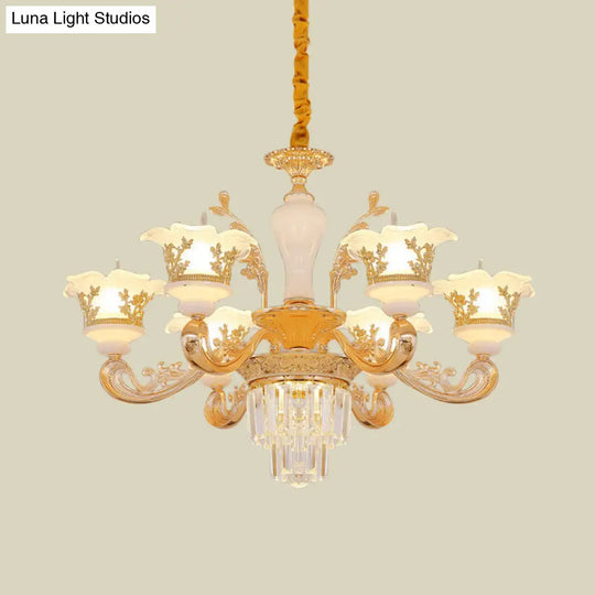 Modern Crystal Chandelier With Carved Frosted Glass Shade - 6 Bulbs Gold Pendant For Bedroom