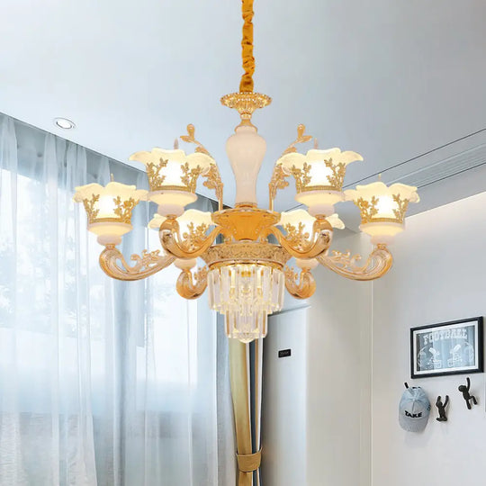 Modern Crystal Chandelier With Carved Frosted Glass Shade - 6 Bulbs Pendant In Gold For Bedroom