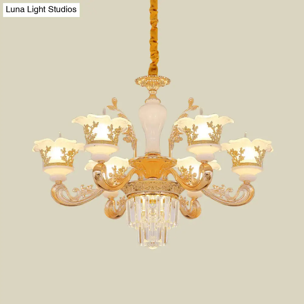 Modern Crystal Chandelier With Carved Frosted Glass Shade - 6 Bulbs Pendant In Gold For Bedroom