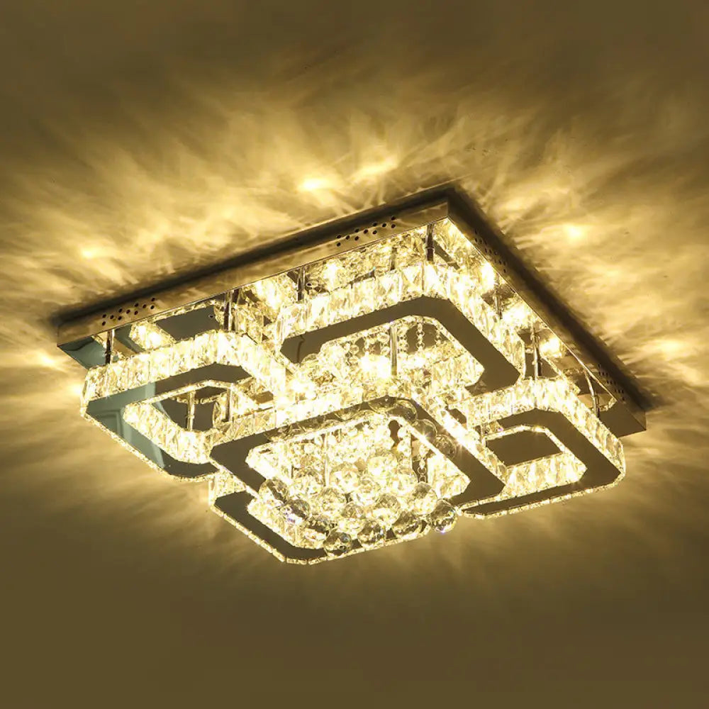 Modern Crystal Chrome Rectangle Flush Mount Lamp For Living Room Ceiling / 21.5’