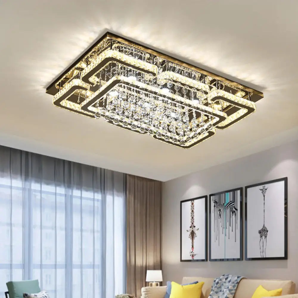 Modern Crystal Chrome Rectangle Flush Mount Lamp For Living Room Ceiling / 31.5’